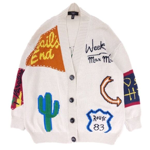 MAXMARA Road Trip Cardigan Intarsia Embroidered Western Boho Novelty Rib Sweater - Picture 1 of 13